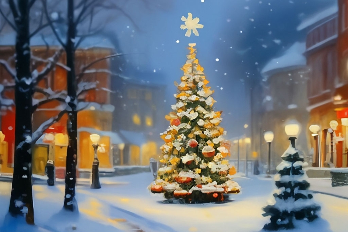 Новый год ёлка нарядная улица снег картина маслом